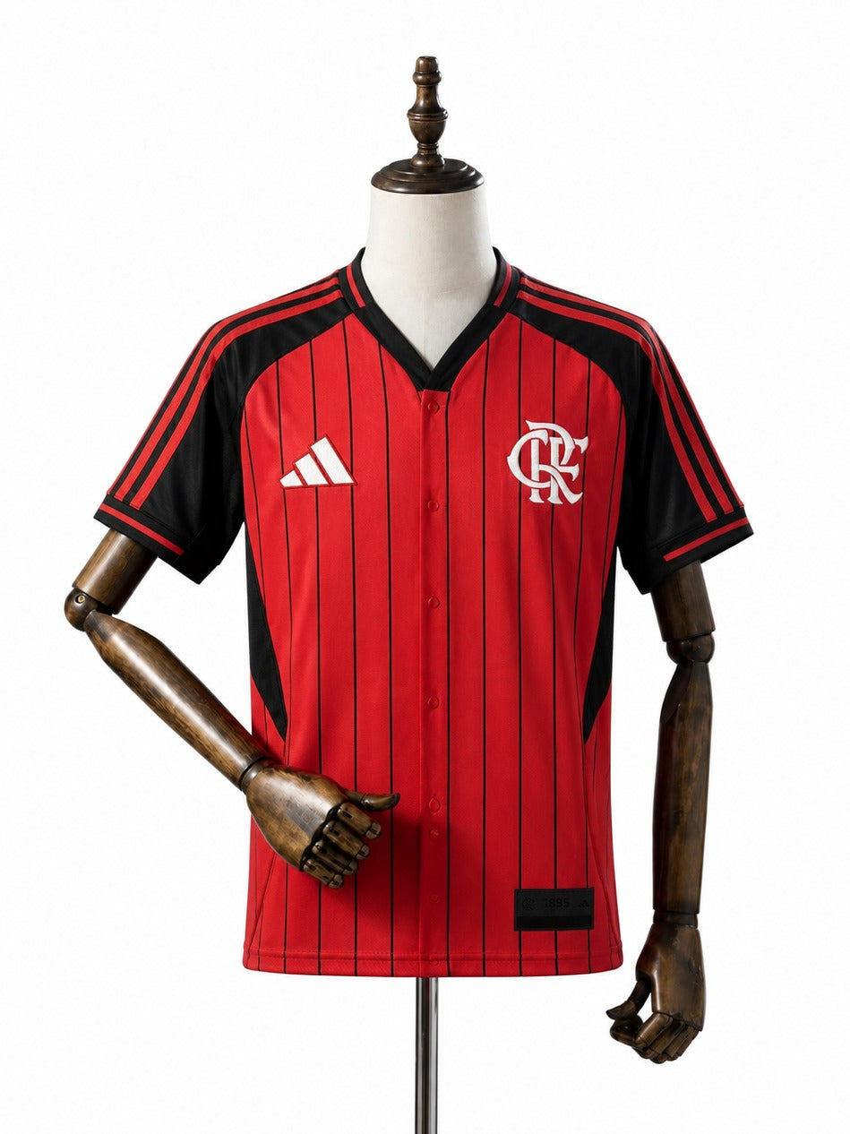 25/26 Flamengo Red Soccer Jersey mannequin view 1 white background Passos Sports