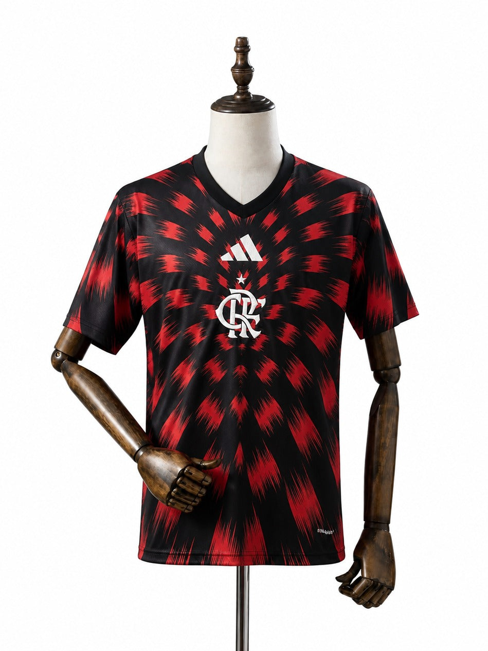 25/26 Flamengo Pre-Match Red and Black Jersey mannequin view 1 white background Passos Sports