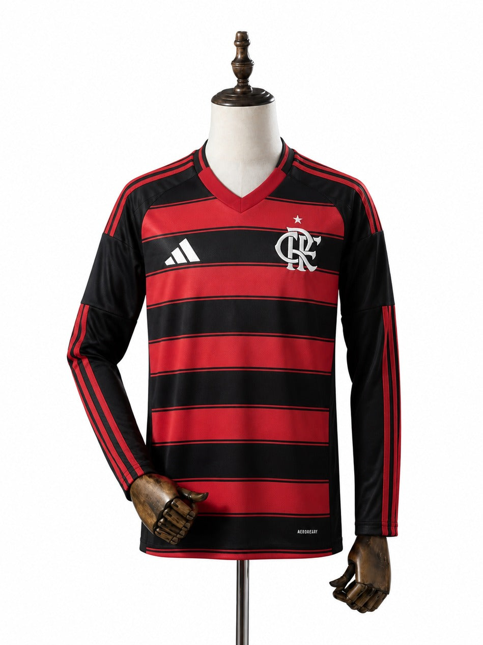 25/26 Flamengo Home Long Sleeve Soccer Jersey mannequin view 1 white background Passos Sports
