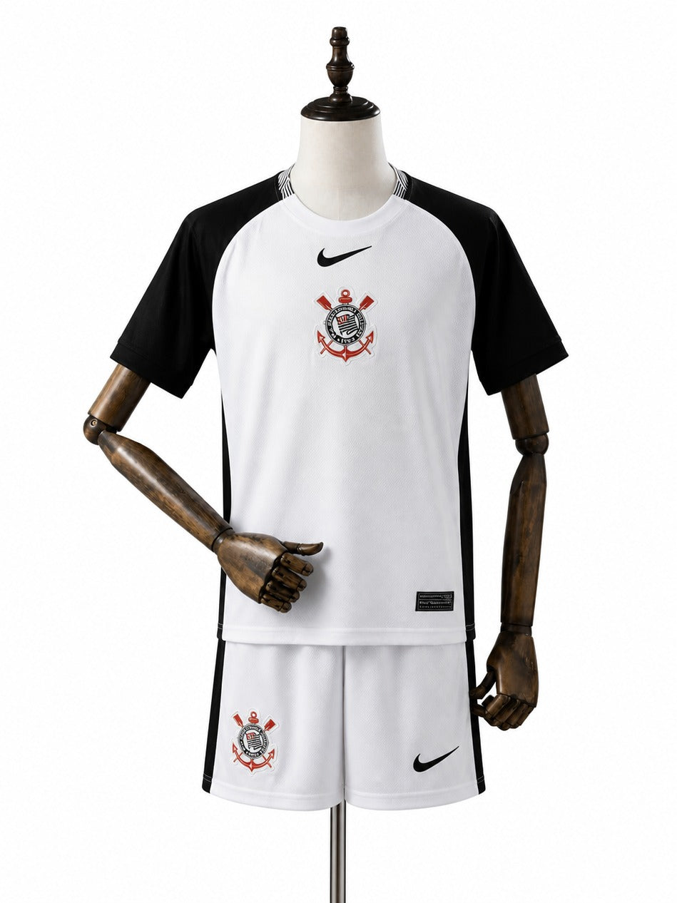 25/26 Corinthians home white kids kit standard mannequin white background Passos Sports image 1