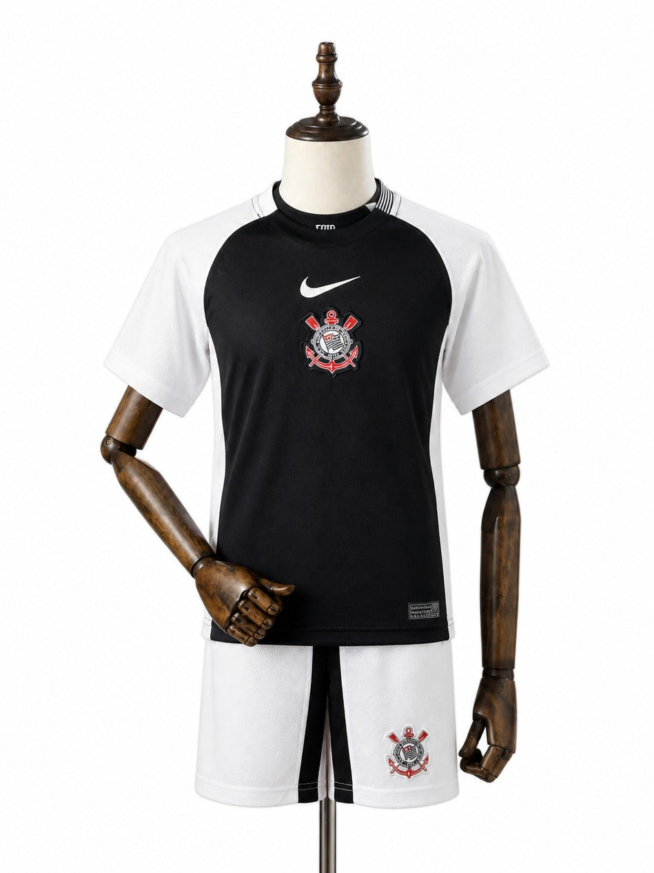 25/26 Corinthians home black kids kit standard mannequin white background Passos Sports image 1
