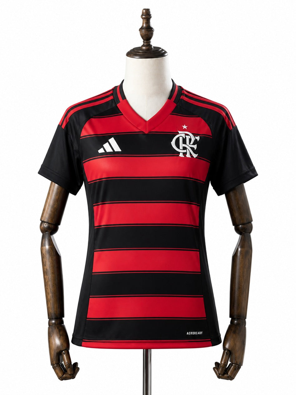 25/26 women Flamengo home red soccer jersey mannequin view 1 white background Passos Sports