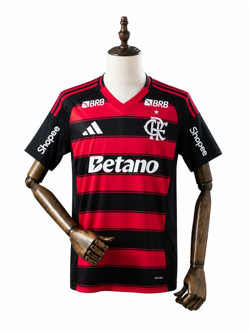25/26 Flamengo Home All Sponsor Soccer Jersey mannequin view 1 white background Passos Sports