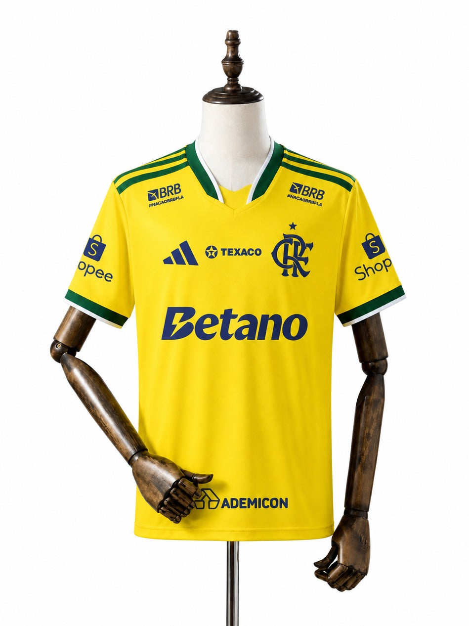 2026/27 Flamengo Yellow Jersey All Sponsor mannequin view 1 white background Passos Sports