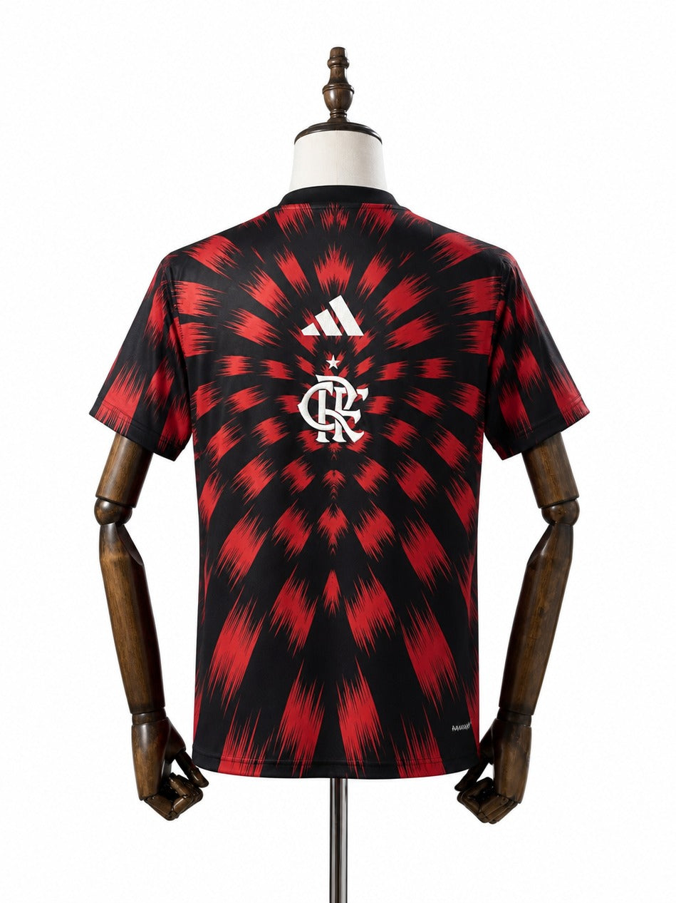 25/26 Flamengo Pre-Match Red and Black Jersey mannequin view 2 white background Passos Sports