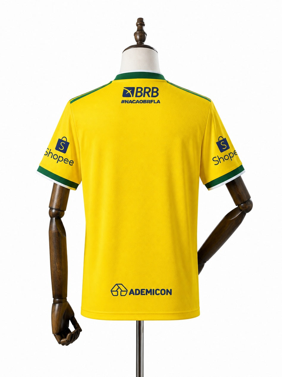 2026/27 Flamengo Yellow Jersey All Sponsor mannequin view 2 white background Passos Sports