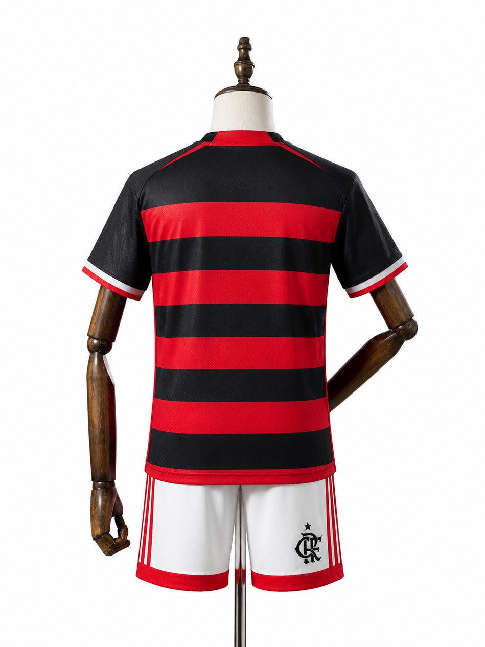 CR Flamengo Home Kids Soccer Jerseys Kit 2024/25 mannequin view 2 white background Passos Sports