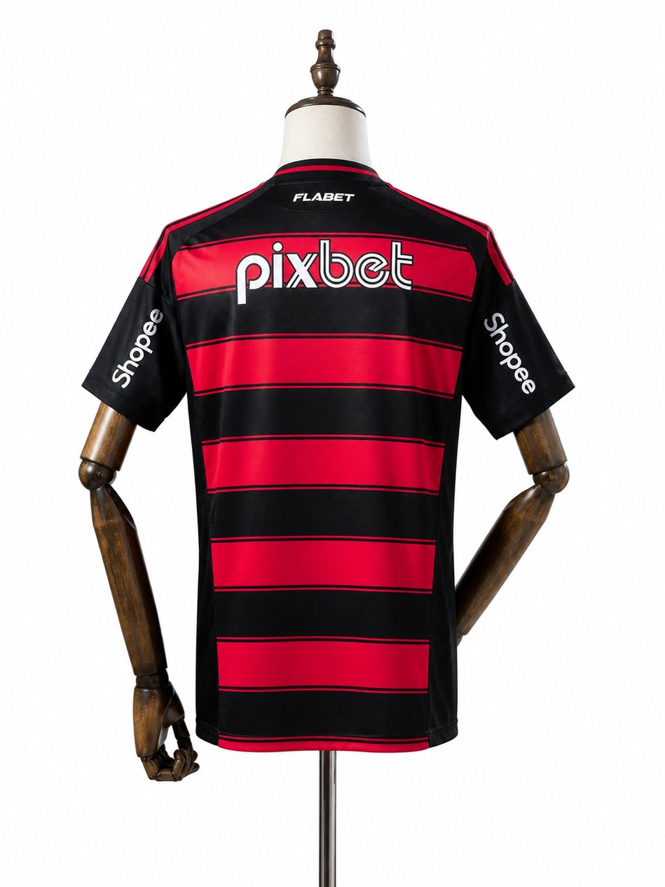 25/26 Flamengo Home All Sponsor Soccer Jersey mannequin view 2 white background Passos Sports