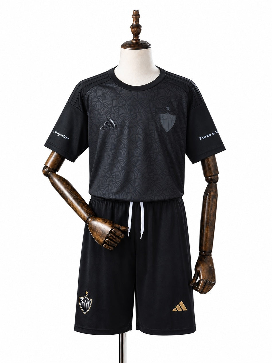 Atlético-MG 25/26 Limited Edition Black Kids Kit Jersey front wood mannequin white background