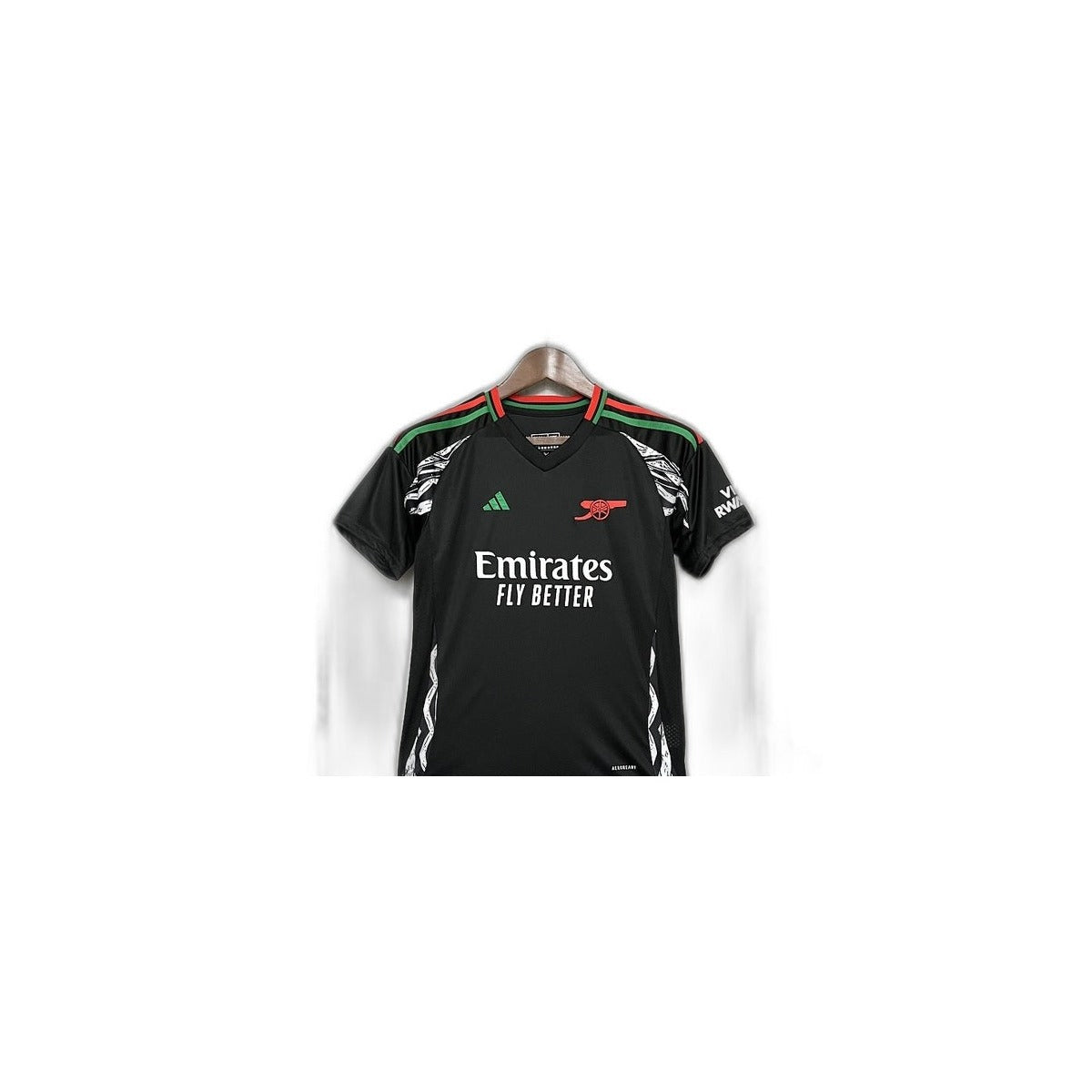 Camisa 2024-25 Arsenal Away Infantil detalhe escudo manequim fundo branco