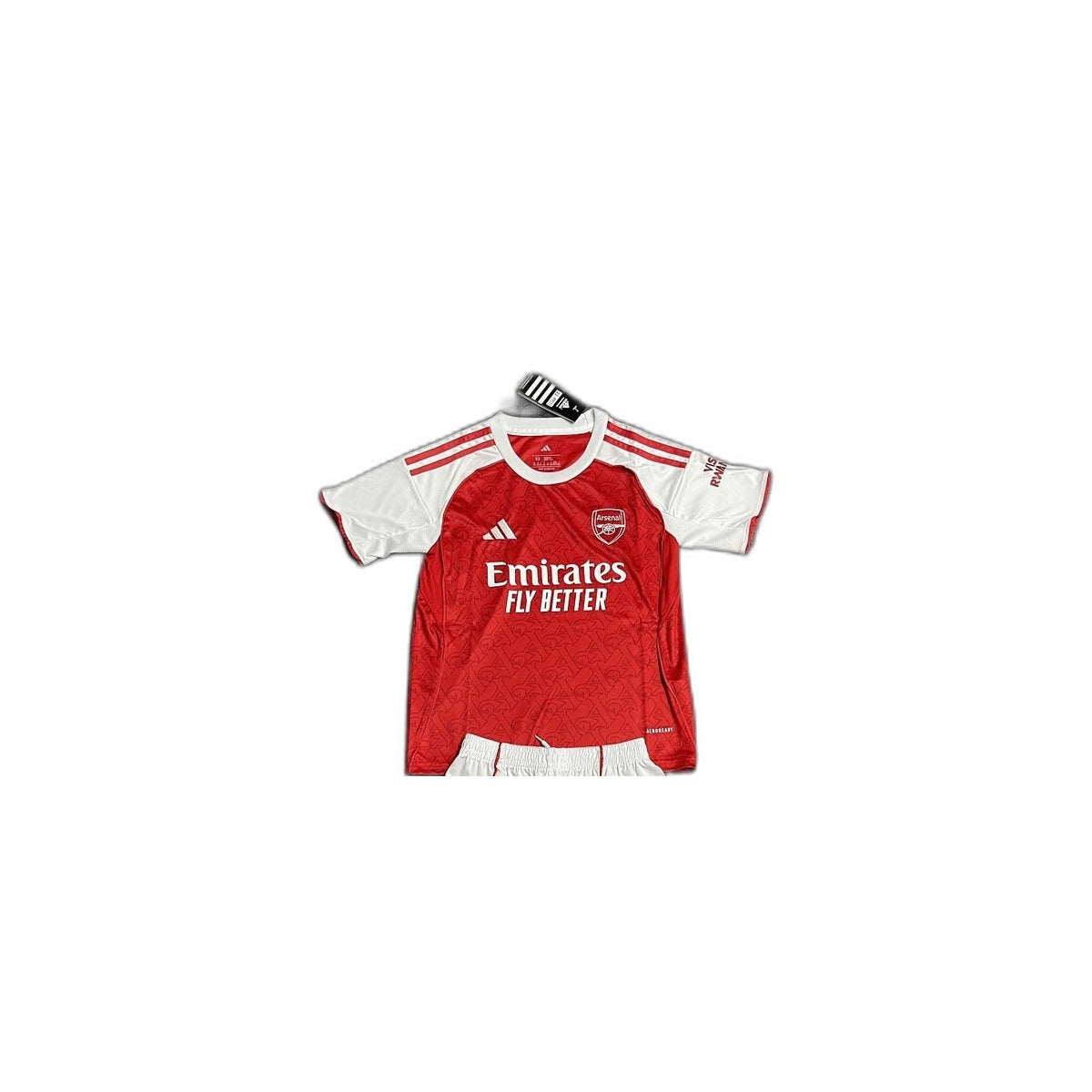 Camisa 2025-26 Arsenal Home Infantil detalhe escudo manequim fundo branco