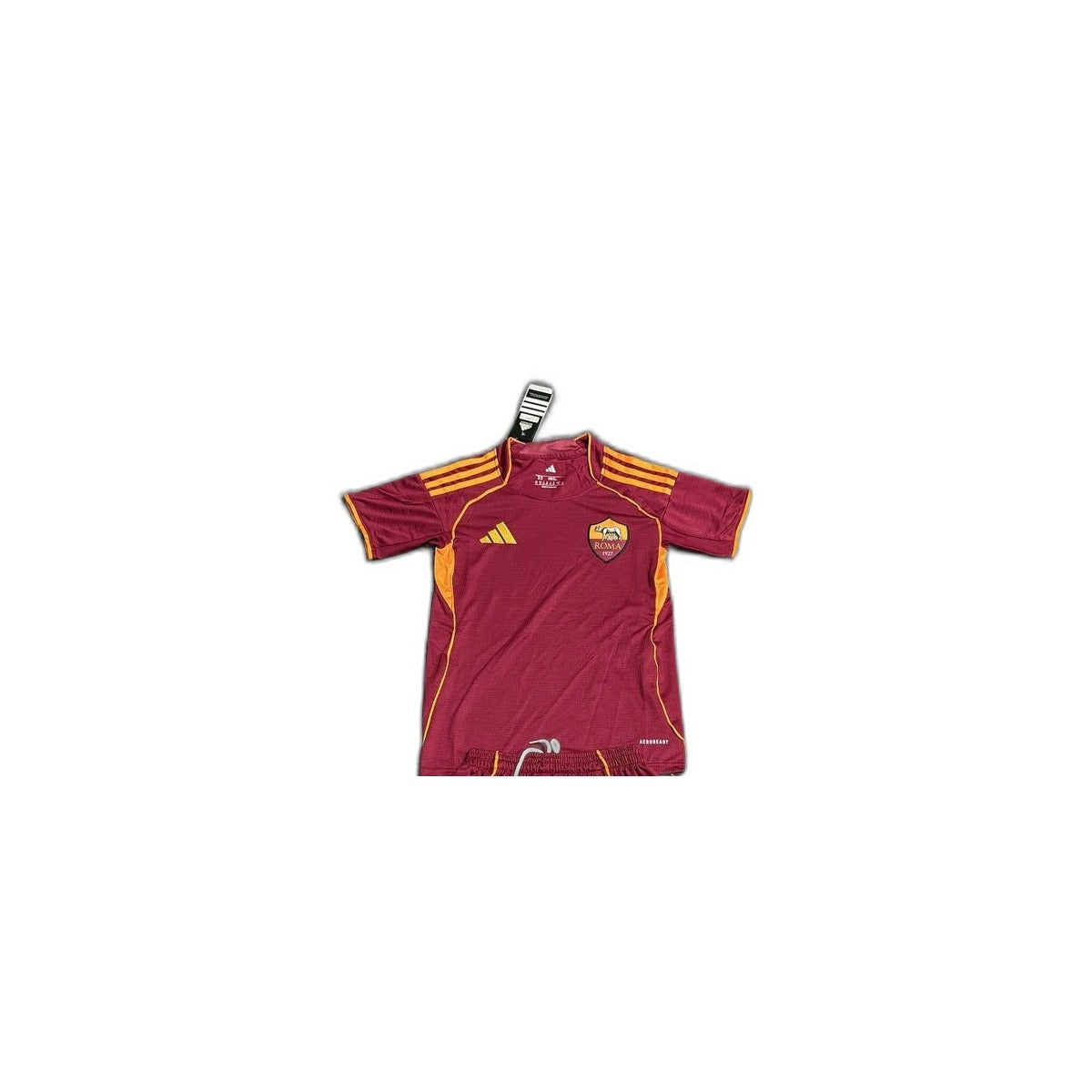 Camisa 2025-26 AS Roma Home Infantil detalhe escudo manequim fundo branco