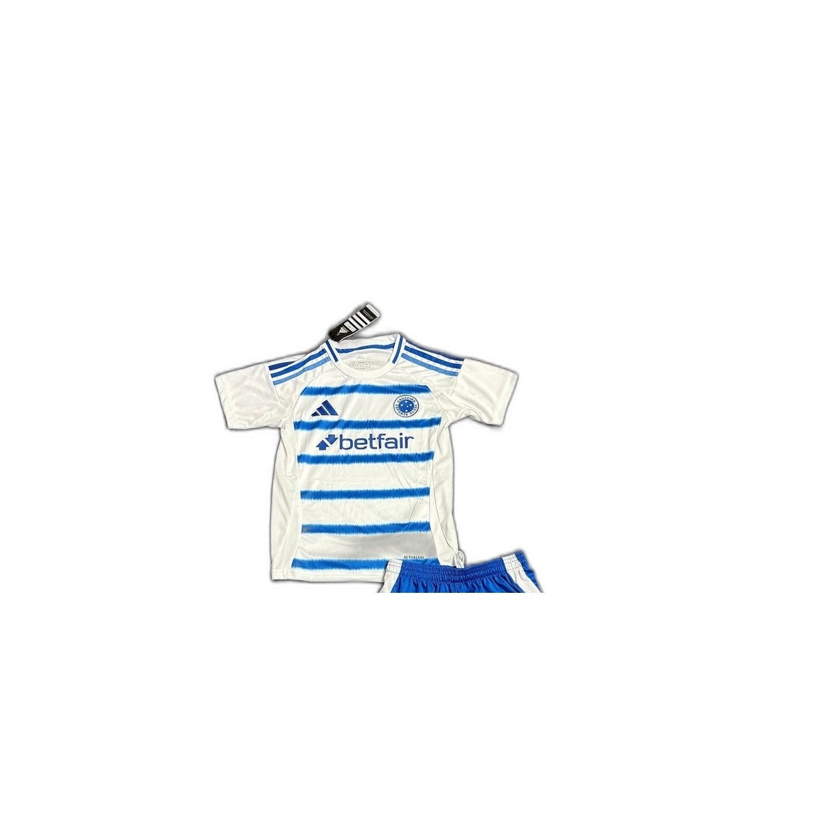 Camisa 2025-26 Cruzeiro Away Infantil detalhe escudo manequim fundo branco