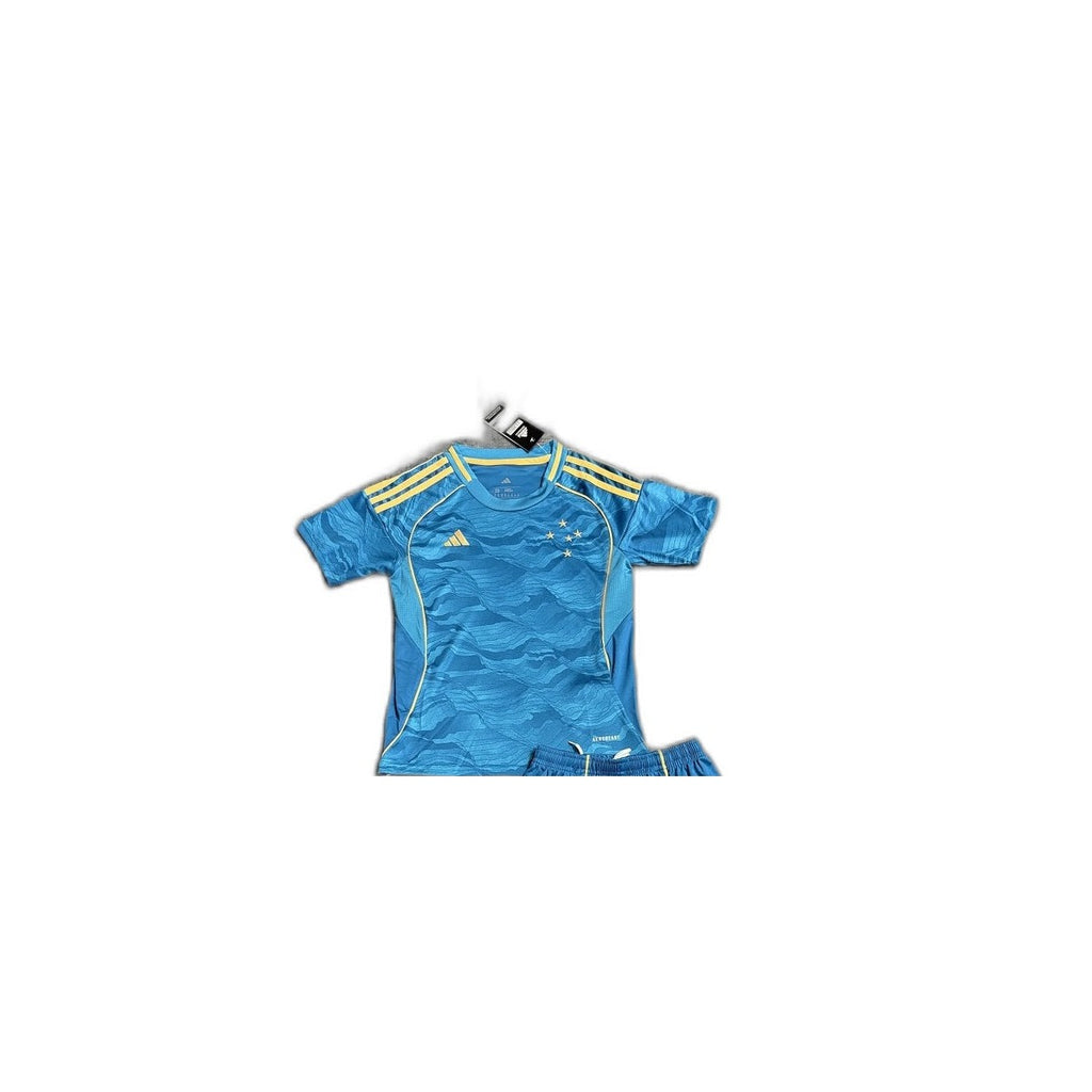 Camisa 2025-26 Cruzeiro III Infantil detalhe escudo manequim fundo branco