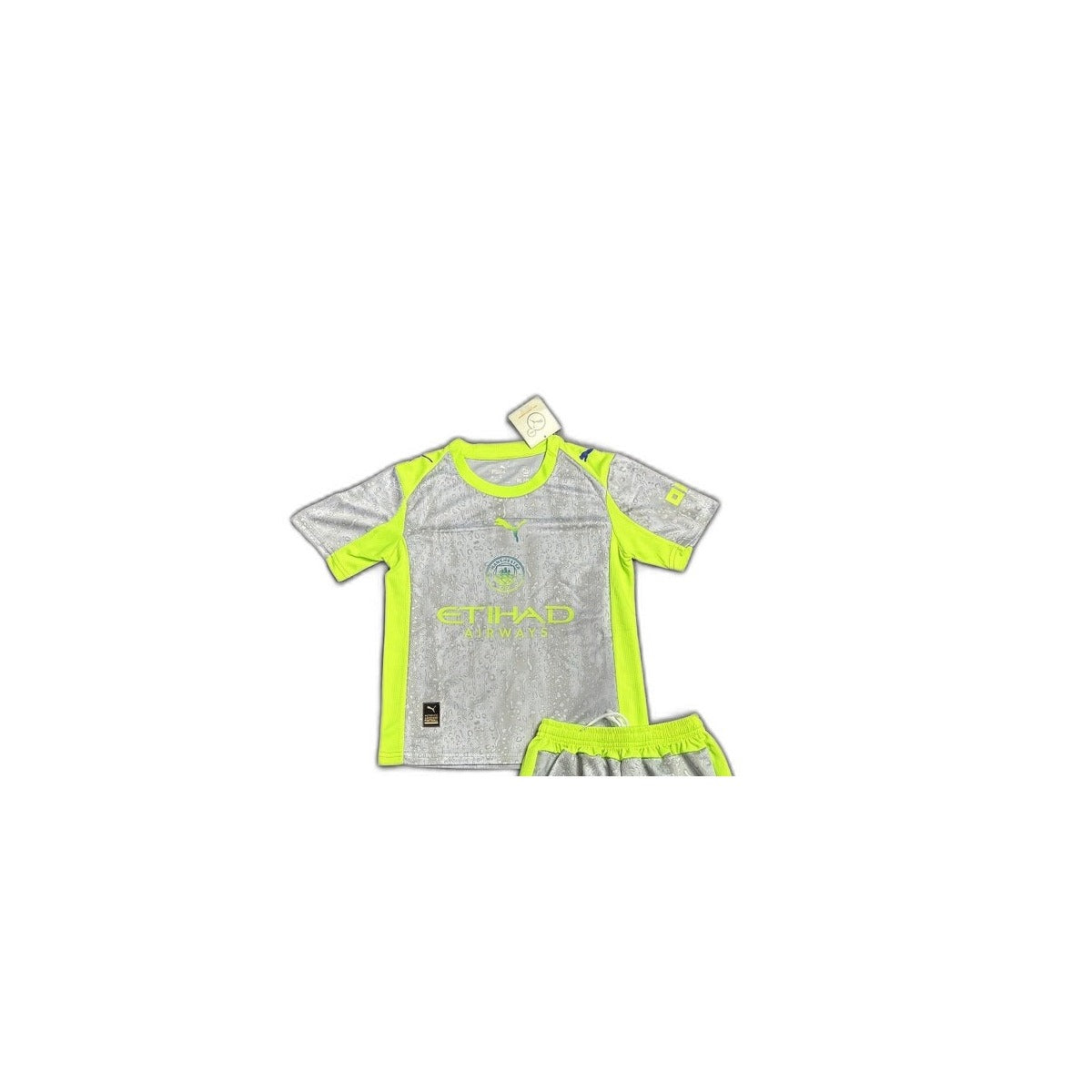 Camisa 2025-26 Manchester City III Infantil detalhe escudo manequim fundo branco