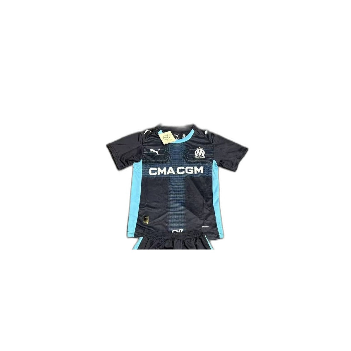 Camisa 2025-26 Marseille Away Infantil detalhe escudo manequim fundo branco