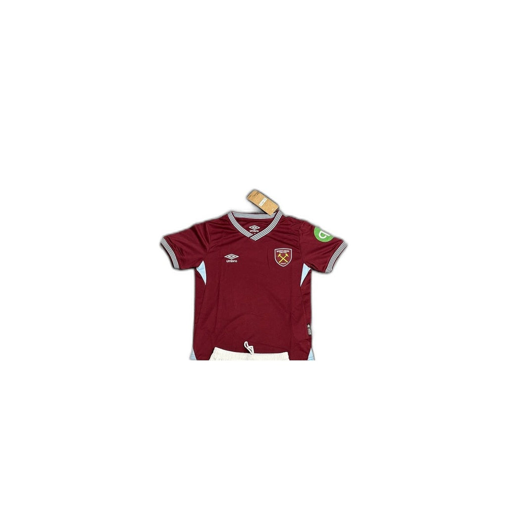 Camisa 2025-26 West Ham United Home Infantil detalhe escudo manequim fundo branco