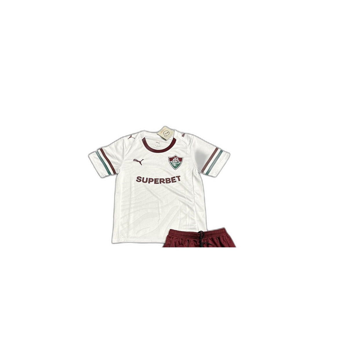 Camisa 2026-27 Fluminense Away Infantil detalhe escudo manequim fundo branco