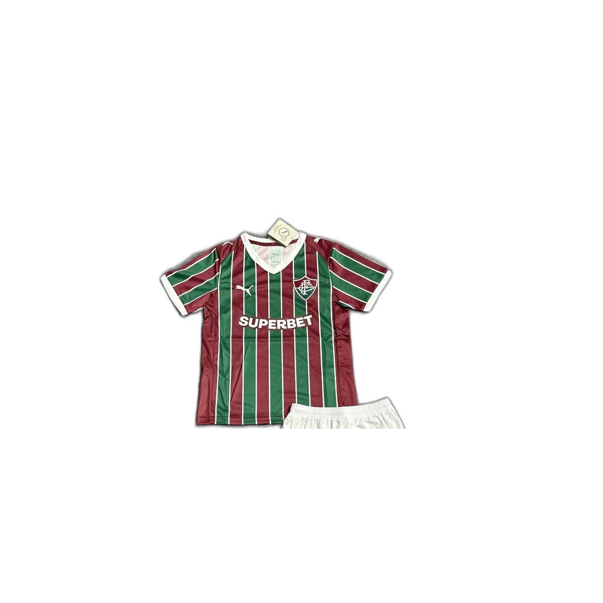 Camisa 2026-27 Fluminense Home Infantil detalhe escudo manequim fundo branco