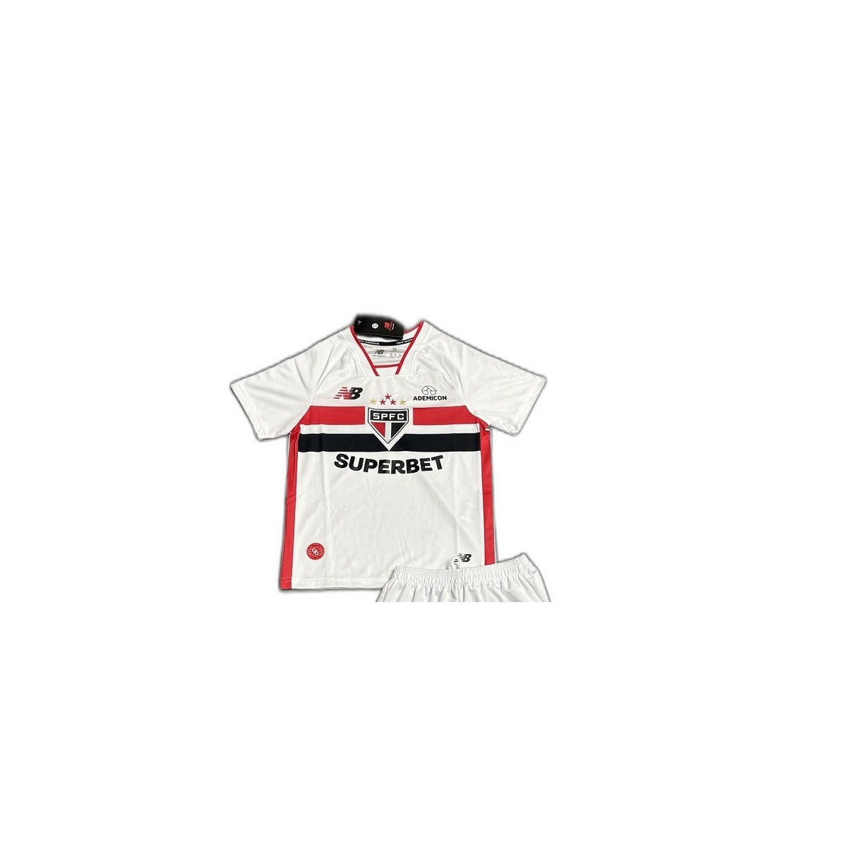 Camisa 2026-27 São Paulo Home Infantil detalhe escudo manequim fundo branco