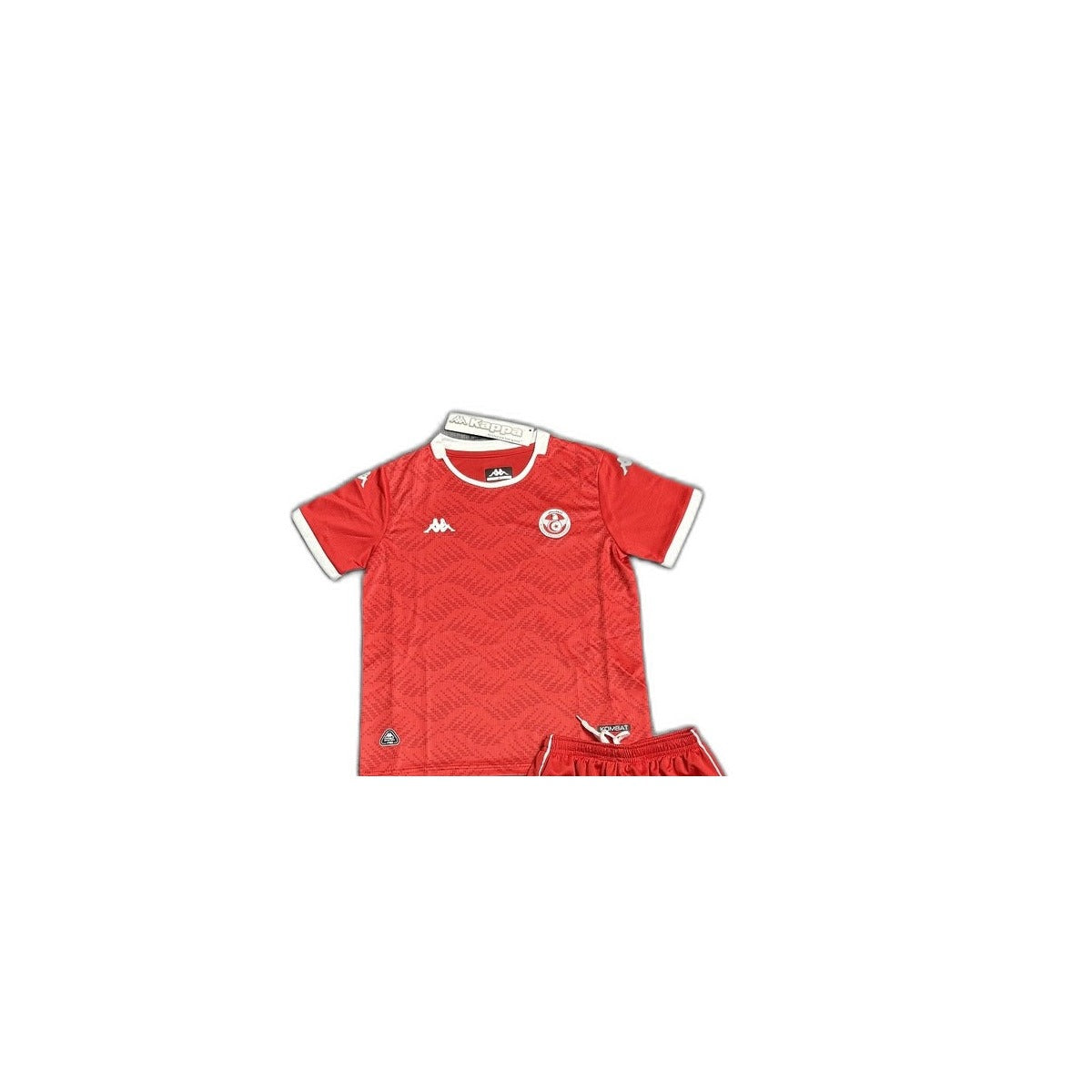 Camisa 2026 Tunisia Home Infantil detalhe escudo manequim fundo branco