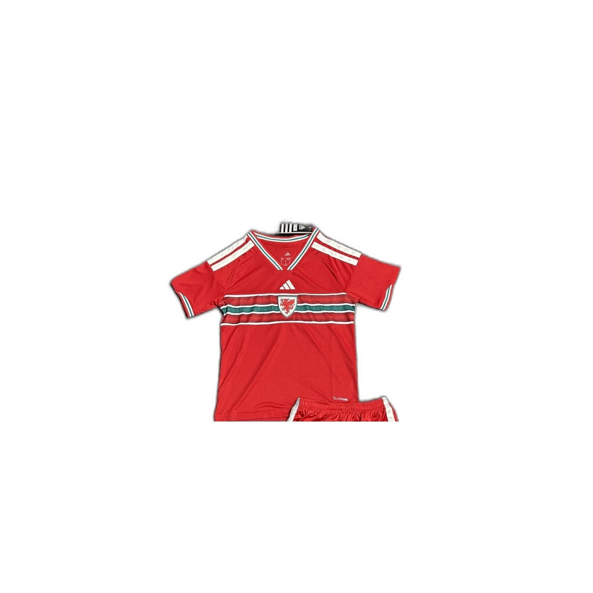 Camisa 2026 Wales Home Infantil detalhe escudo manequim fundo branco