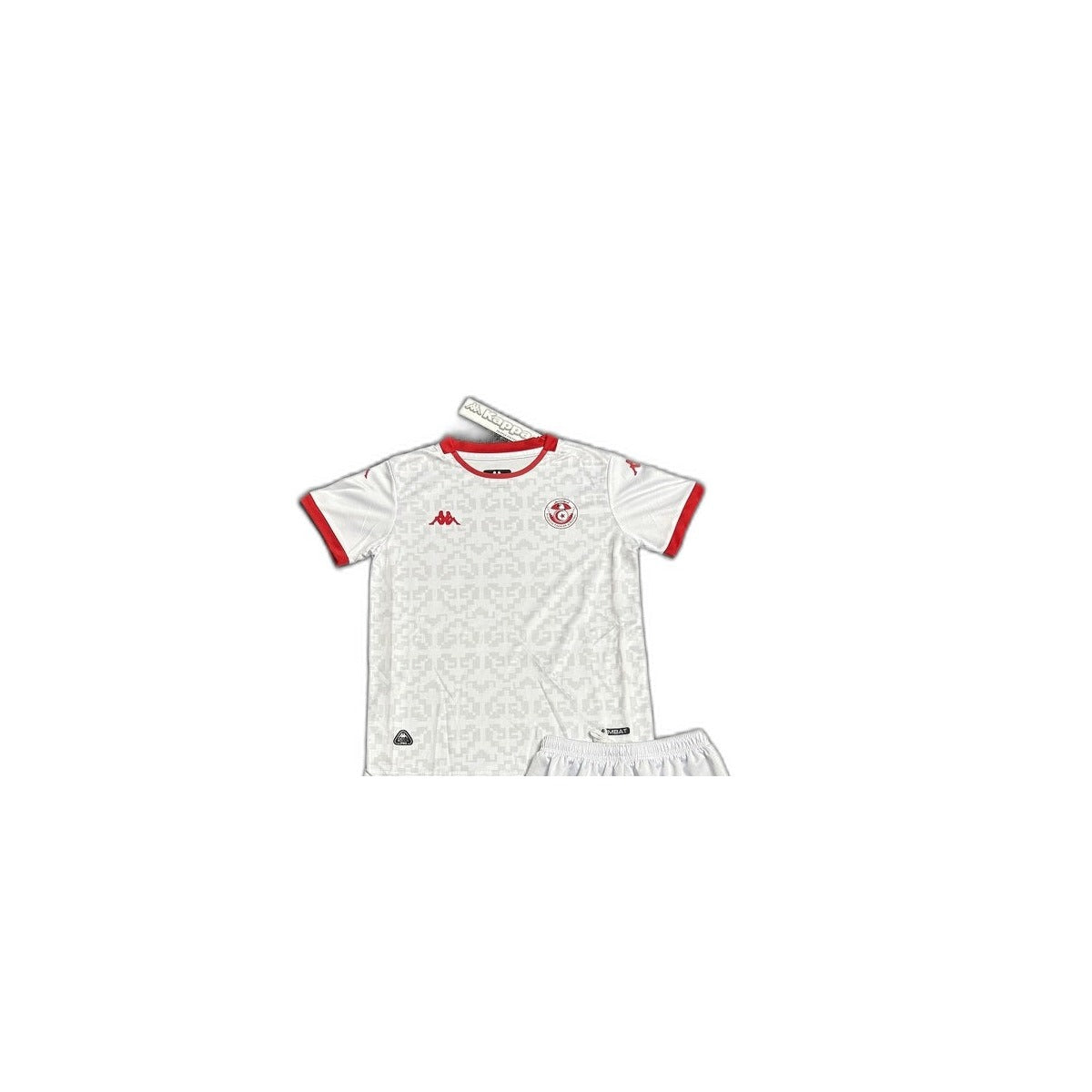 Camisa 2026Tunisia away Infantil detalhe escudo manequim fundo branco