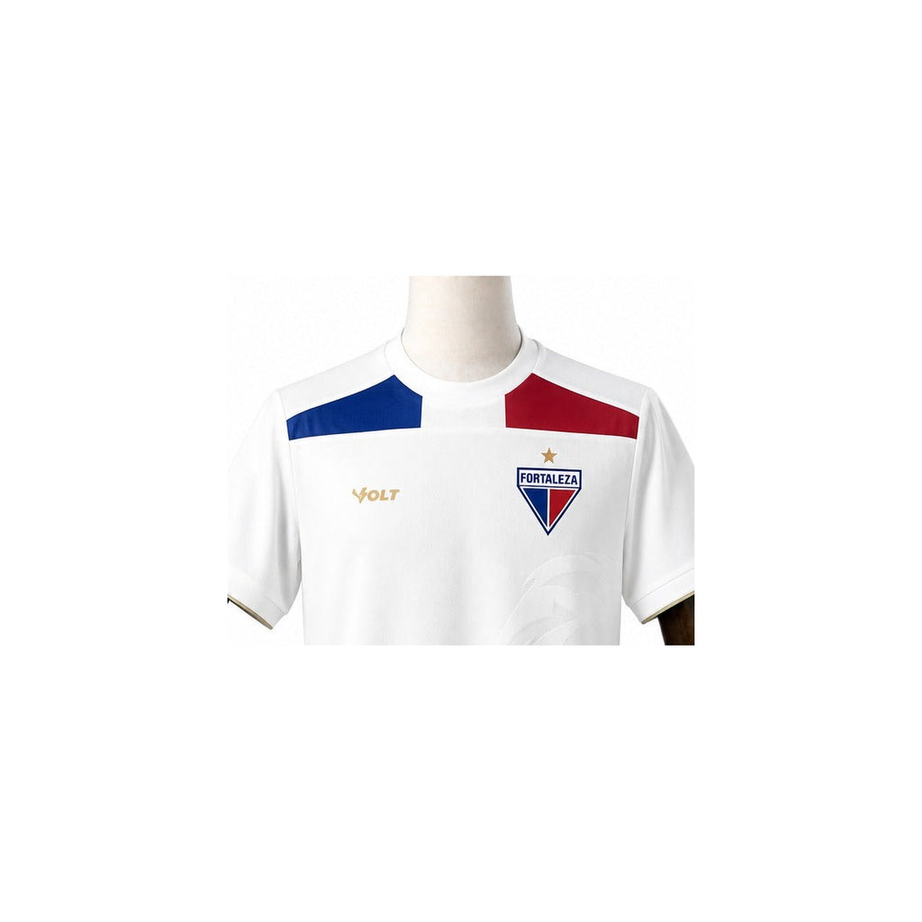 Camisa Fortaleza - 2º Uniforme Torcedor Sem Patch 2025/2026 detalhe escudo manequim fundo branco