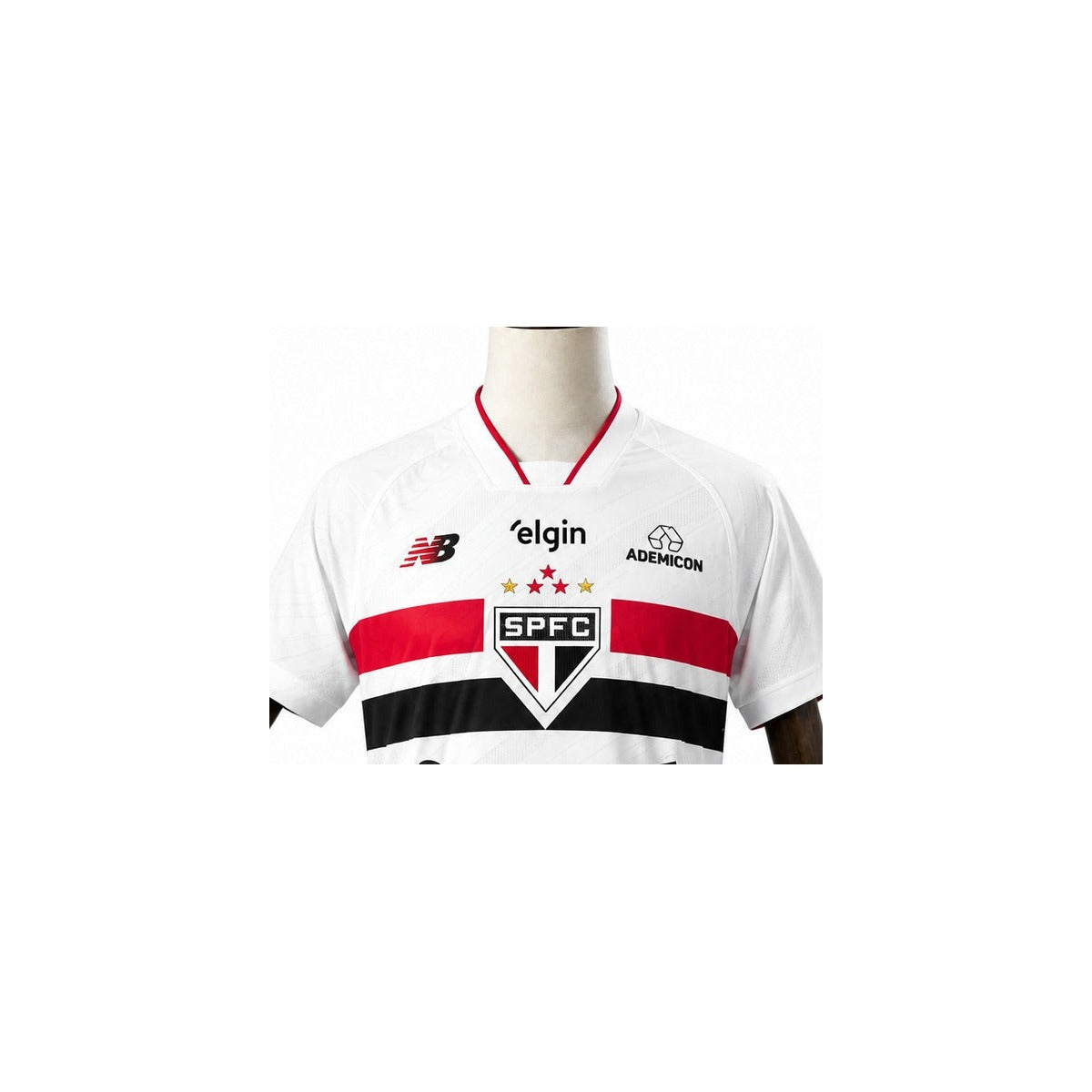 Camisa São Paulo - 1º Uniforme Jogador Completa 2026/2027 detalhe escudo manequim fundo branco