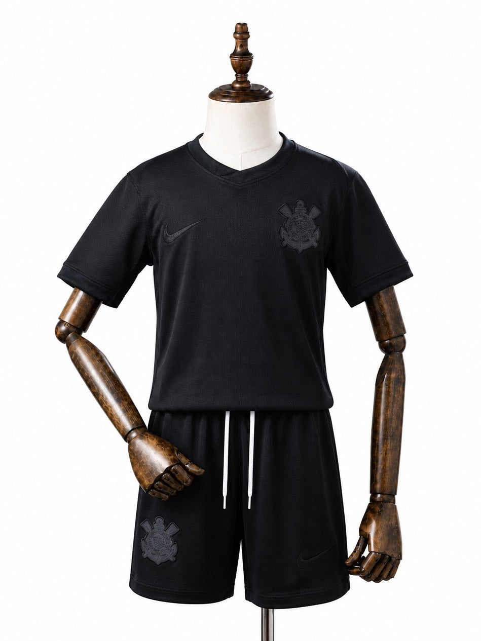 Corinthians Away kids kit front wood mannequin white background