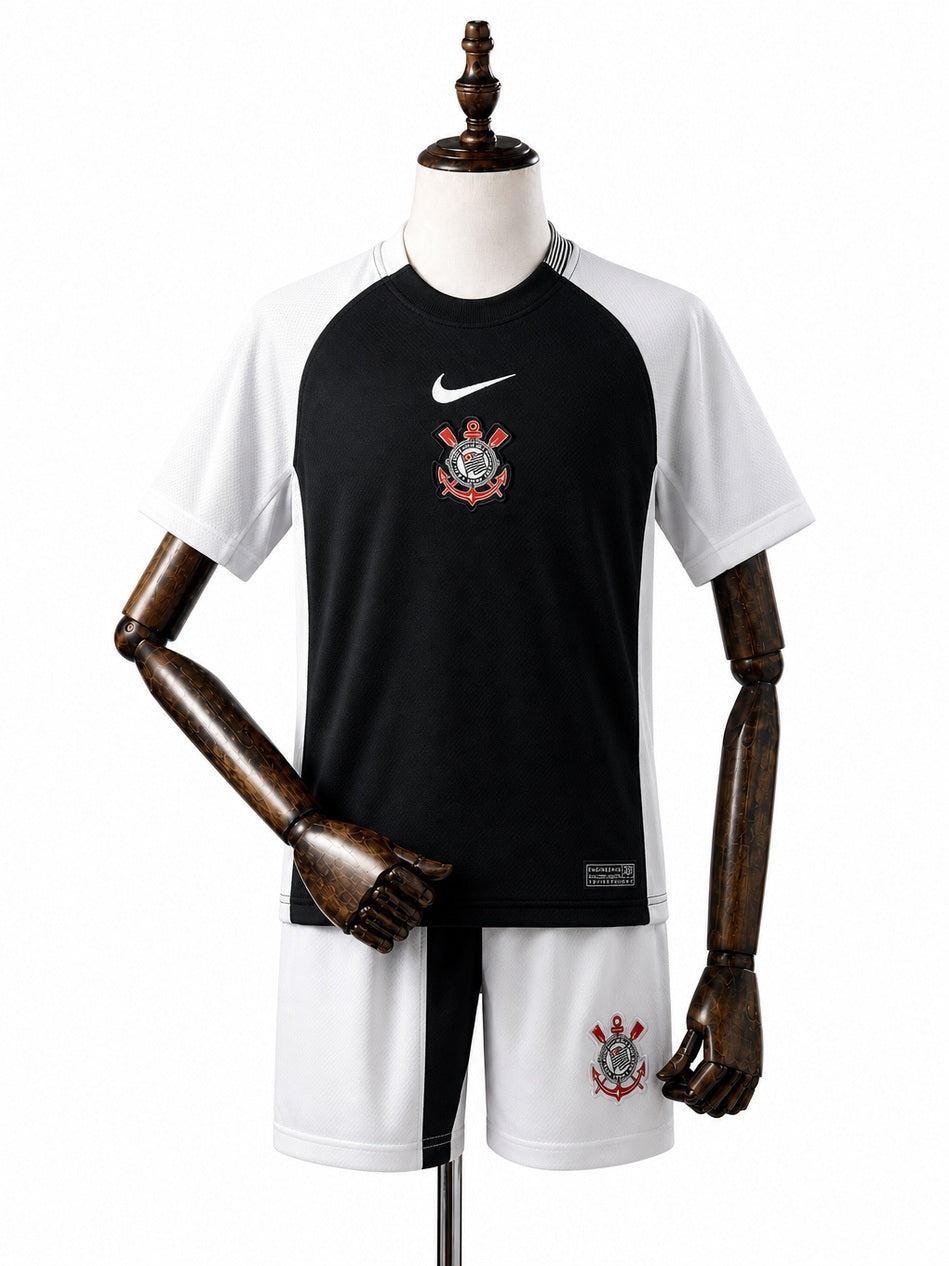 Corinthians home black kids kit front wood mannequin white background