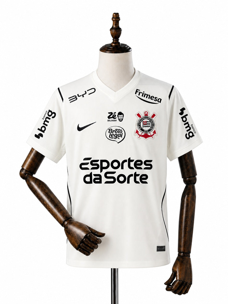 Corinthians Home Jersey Full Sponsors logo front wood mannequin white background
