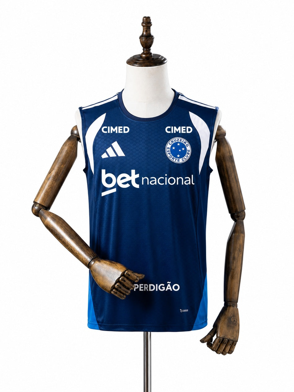Cruzeiro 2026/27 All sponsors Training Sleeveless Jersey Blue front wood mannequin white background