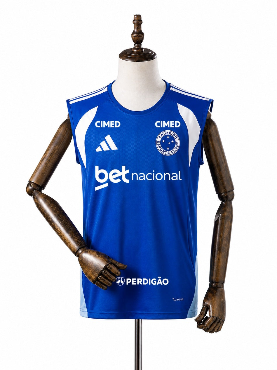 Cruzeiro 2026/27 All sponsors Training Sleeveless Jersey Blue front wood mannequin white background