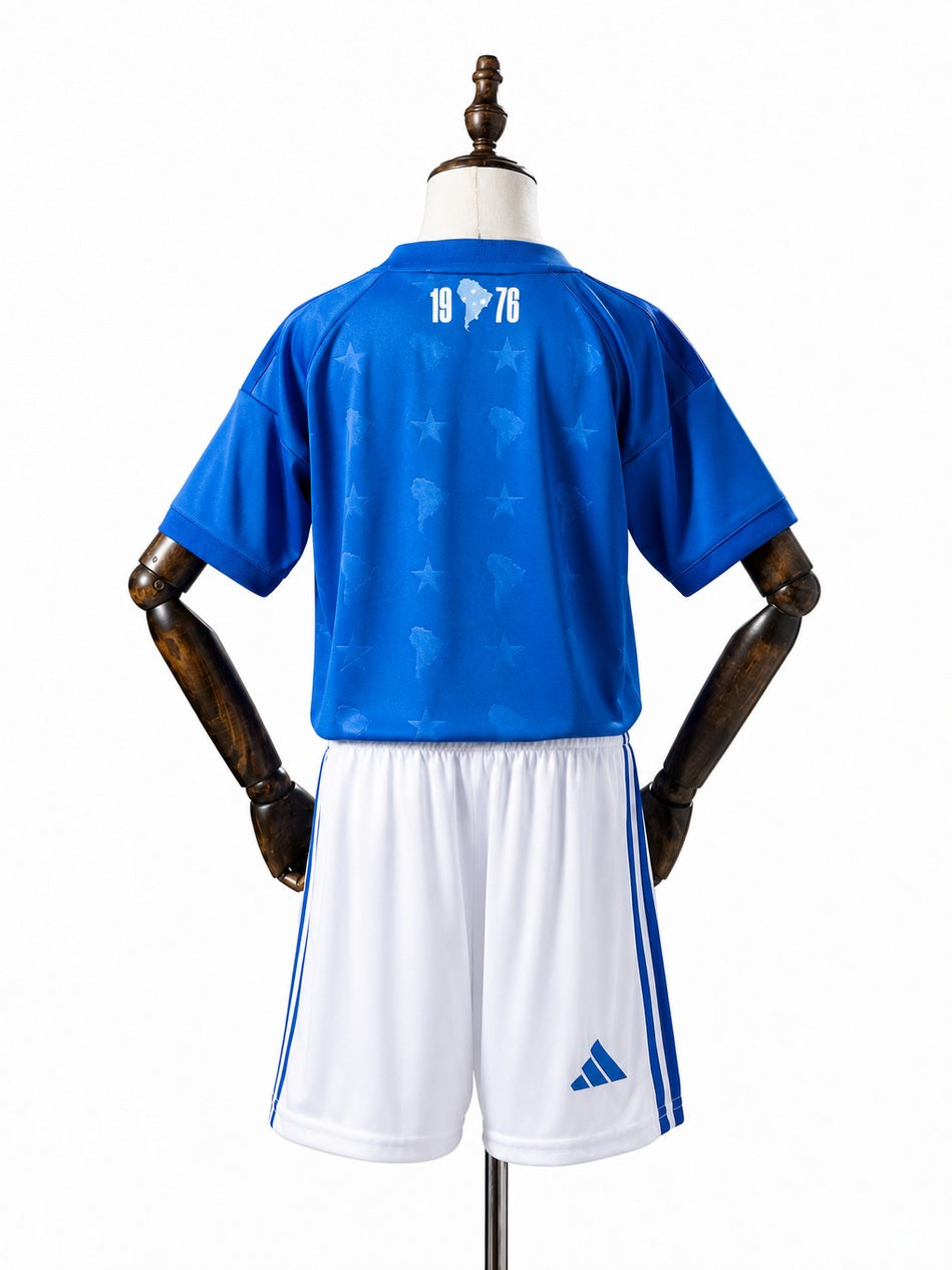 Cruzeiro 2026 Home Kids Kit Jersey back wood mannequin white background