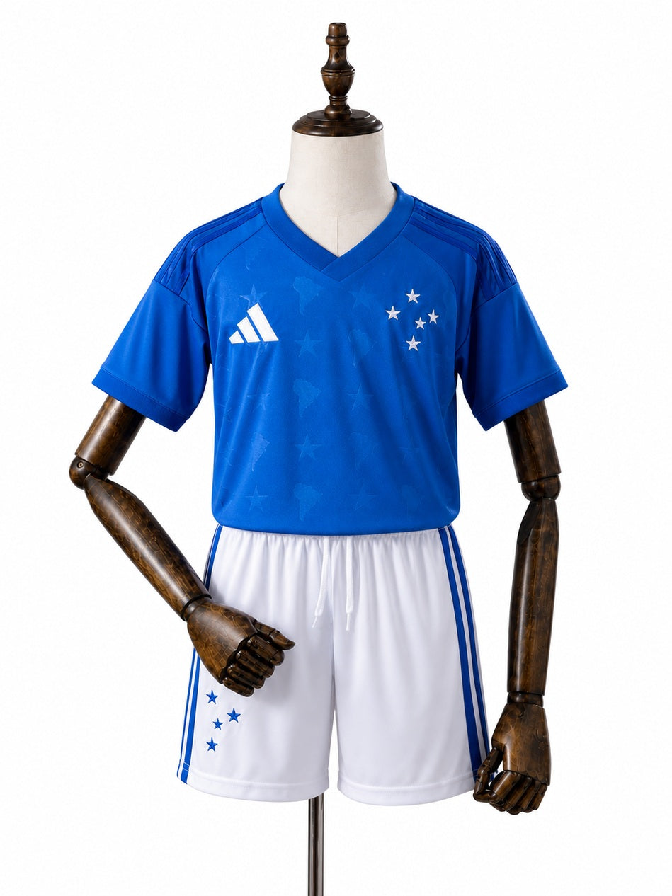 Cruzeiro 2026 Home Kids Kit Jersey front wood mannequin white background