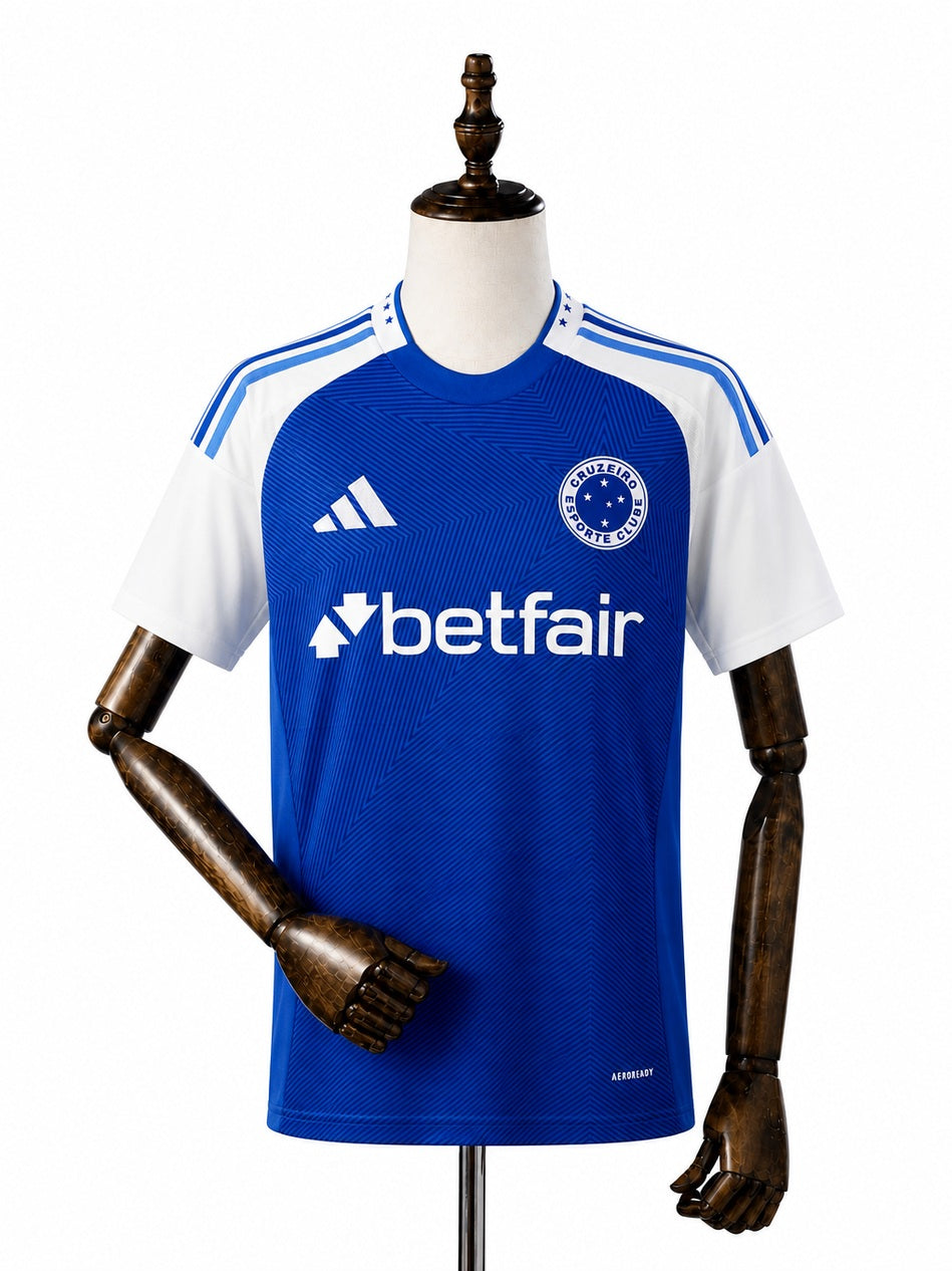Cruzeiro Home All Sponsors Jersey front wood mannequin white background