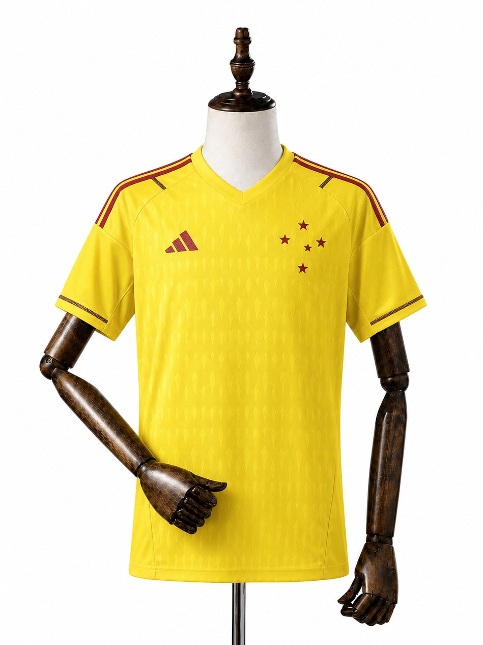 Cruzeiro Limited Edition Goalkeeper Yellow Jersey front wood mannequin white background
