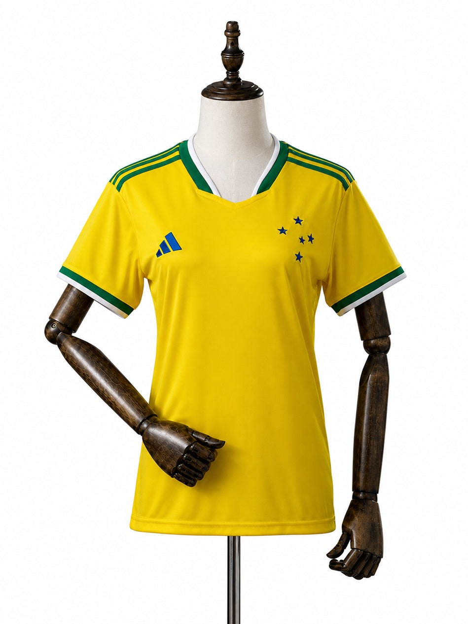Cruzeiro Special Edition Women Yellow Jersey front wood mannequin white background