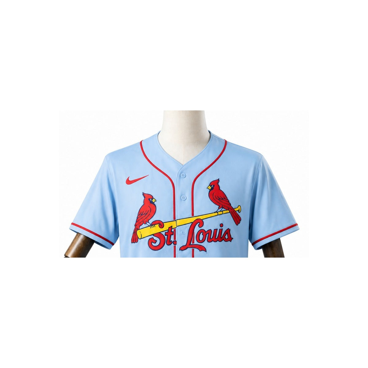 St. Louis Cardinals MLB – Camisa Oficial Segunda (Away) detalhe escudo manequim fundo branco