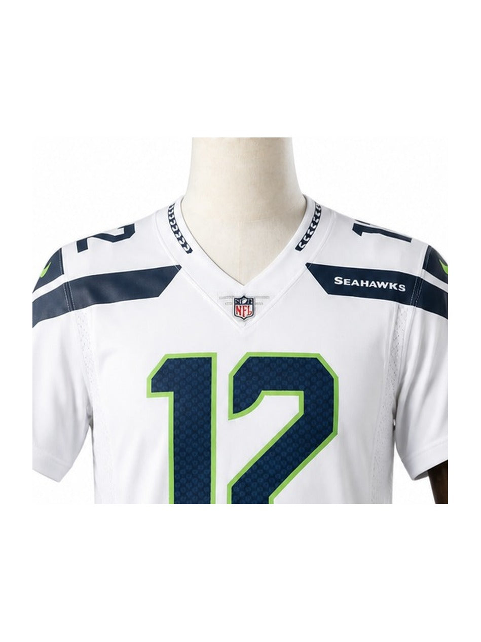 Camisa Seattle Seahawks Away (Visitante) NFL detalhe escudo manequim fundo branco