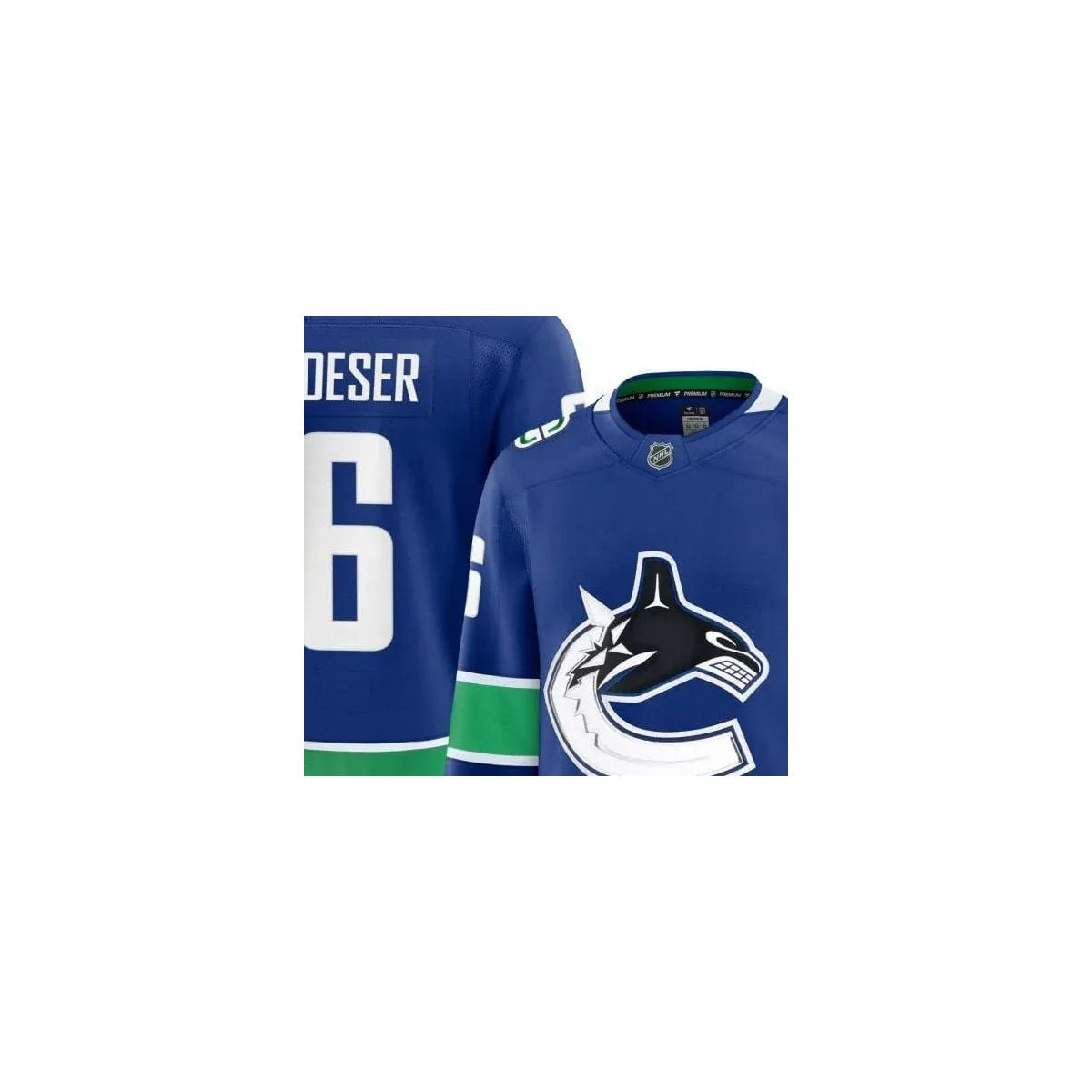 Vancouver Canucks NHL Jersey – Home & Away detalhe escudo real web fundo branco