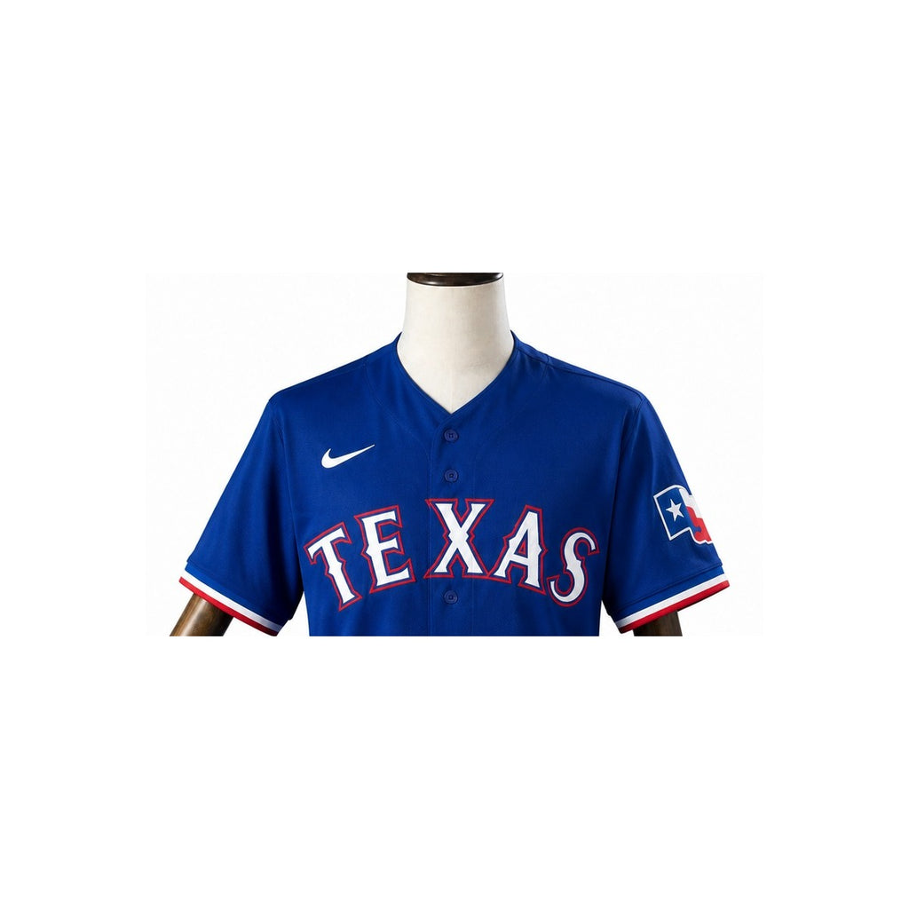 Texas Rangers MLB – Camisa Oficial Segunda (Away) detalhe escudo manequim fundo branco