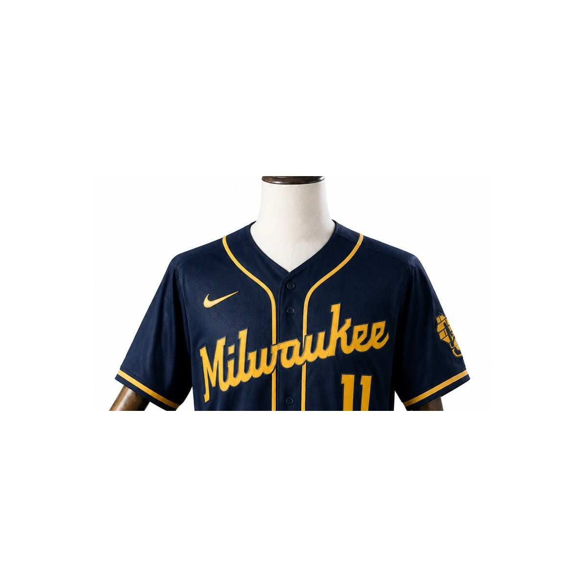 Milwaukee Brewers MLB – Camisa Oficial Segunda (Away) detalhe escudo manequim fundo branco