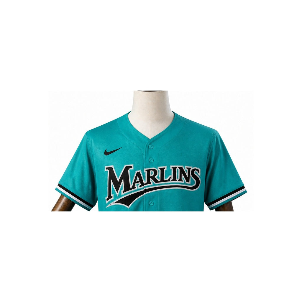 Miami Marlins MLB – Camisa Oficial Segunda (Away) detalhe escudo manequim fundo branco