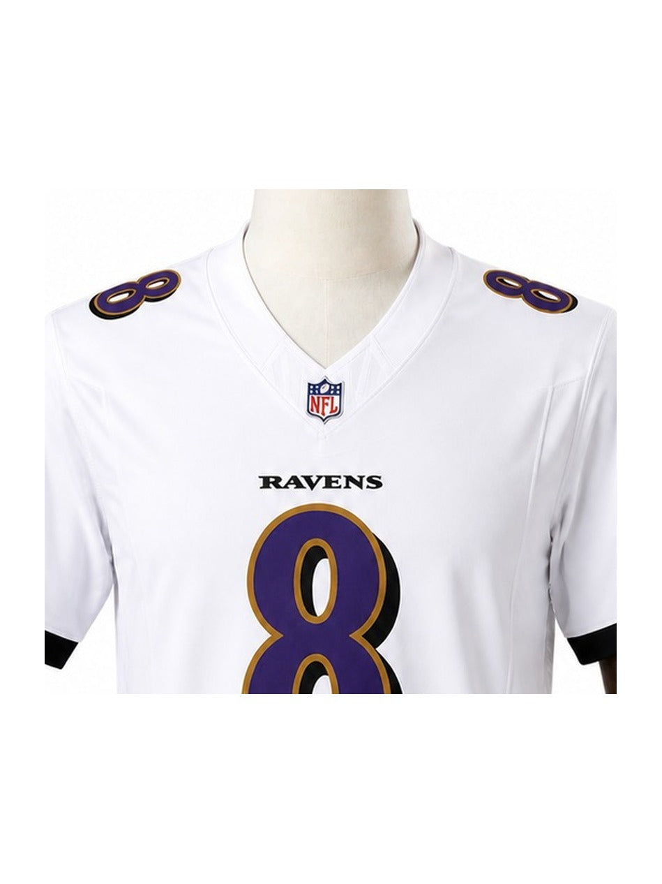 Camisa Baltimore Ravens Away (Visitante) NFL detalhe escudo manequim fundo branco