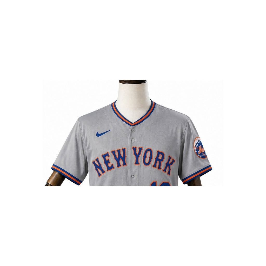New York Mets MLB – Camisa Oficial Segunda (Away) detalhe escudo manequim fundo branco