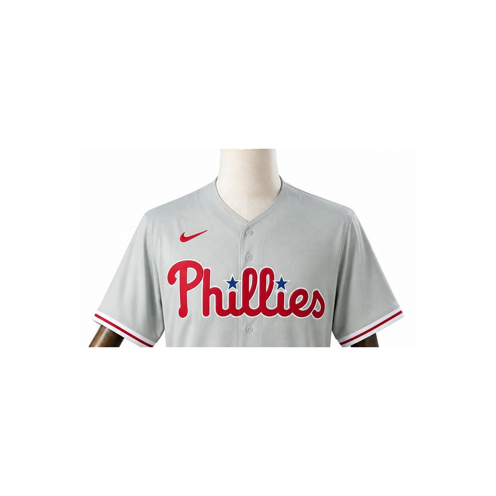 Philadelphia Phillies MLB – Camisa Oficial Segunda (Away) detalhe escudo manequim fundo branco