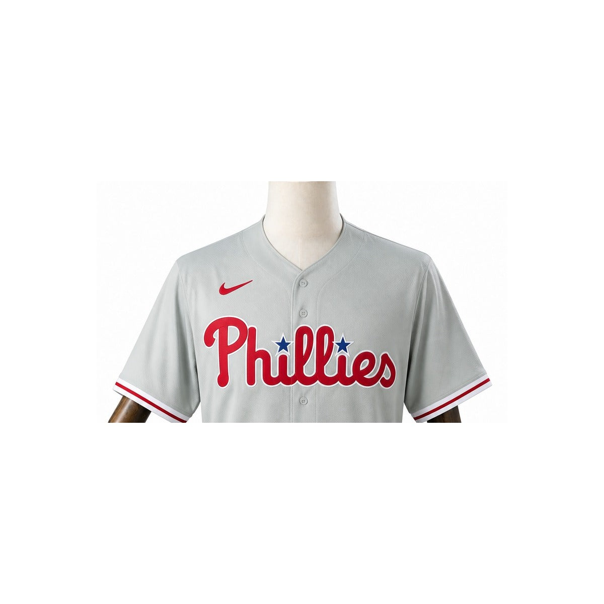 Philadelphia Phillies MLB – Camisa Oficial Segunda (Away) detalhe escudo manequim fundo branco