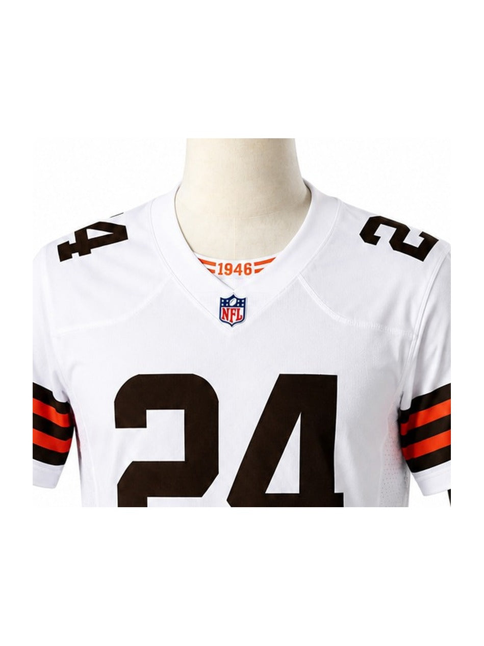 Camisa Cleveland Browns Away (Visitante) NFL detalhe escudo manequim fundo branco